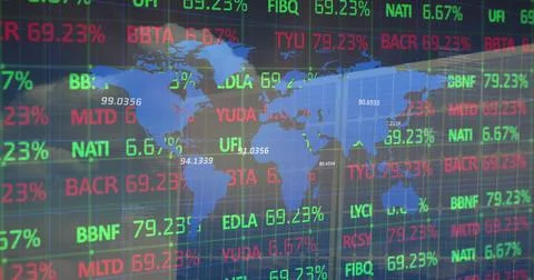 Image of world map, financial data and graphs over solar panels Stock Photos