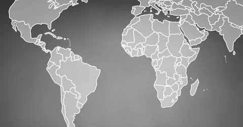 Image of world map with glowing contours moving on grey background Stock Photos