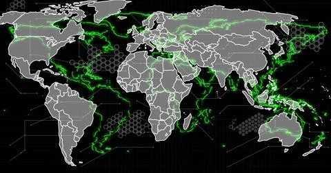 Image of world map with green digital network lines and hexagonal patterns Stock Photos