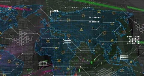 Image of world map, icons, graphs and data processing on dark green background Stock Photos