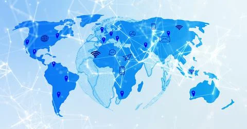 Image of world map with location marks and tech icons on light blue background Stock Illustration