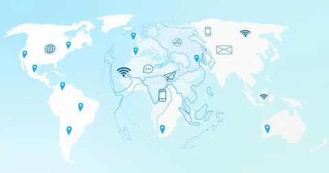 Image of world map with location marks and tech icons on light blue background Stock Illustration