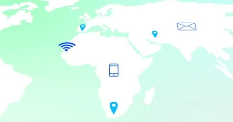 Image of world map with location marks and tech icons on green background Stock Illustration