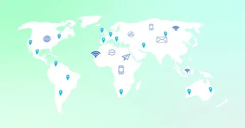Image of world map with location marks and tech icons on green background Stock Illustration