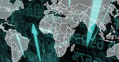 Image of world map over arrows and data processing on black background Stock Illustration