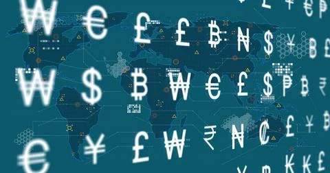 Image of world map over currency symbols 스톡 일러스트