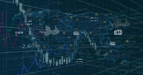 Image of world map over data processing on black background Ilustração Stock
