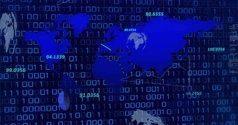 Image of world map over data processing and binary coding on black background Illustrazione stock