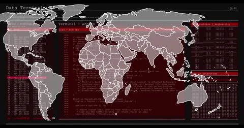 Image of world map over data processing on black background Stockfoto's