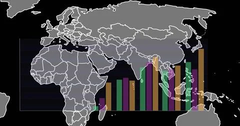 Image of world map over diagrams Ilustración de archivo