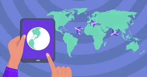 Image of world map over hands using tablet Ilustração Stock