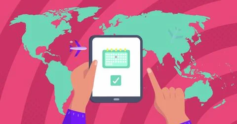 Image of world map over hands using tablet Ilustração Stock