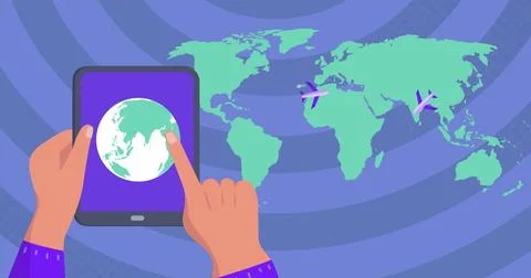 Image of world map over hands using tablet Ilustração Stock