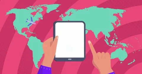 Image of world map over hands using tablet Stock Illustration