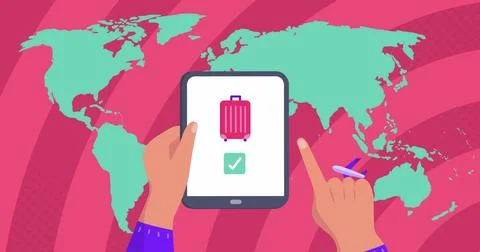 Image of world map over hands using tablet Ilustração Stock