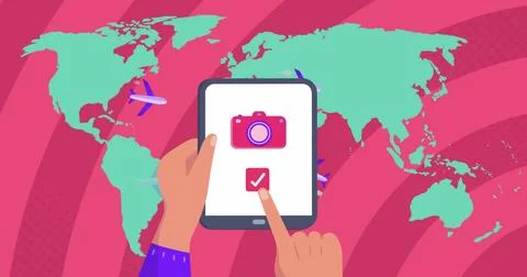 Image of world map over hands using tablet Ilustração Stock