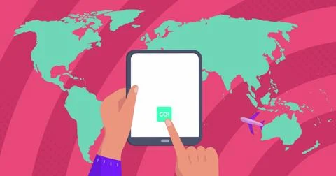 Image of world map over hands using tablet Stock Illustration