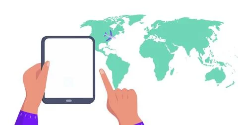 Image of world map over hands using tablet Ilustração Stock
