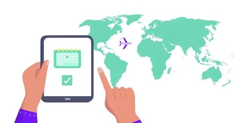 Image of world map over hands using tablet Ilustração Stock