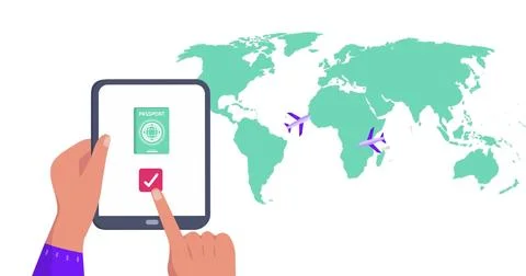 Image of world map over hands using tablet Ilustração Stock