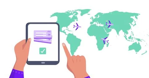 Image of world map over hands using tablet Illustrazione stock