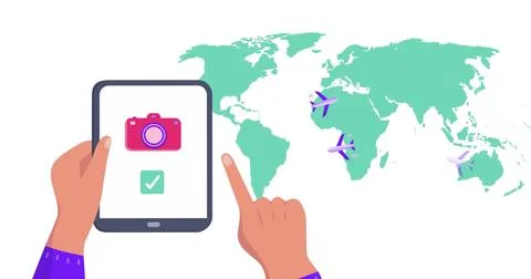 Image of world map over hands using tablet Ilustração Stock