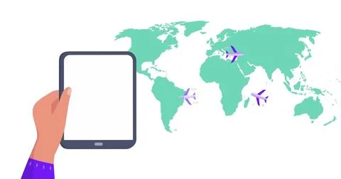 Image of world map over hands using tablet Stock Illustration