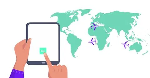Image of world map over hands using tablet Ilustração Stock