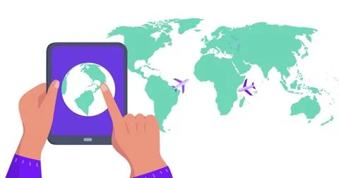 Image of world map over hands using tablet with globe Ilustração Stock