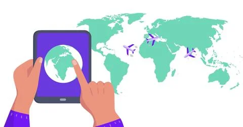 Image of world map over hands using tablet with globe Ilustração Stock