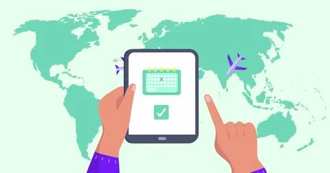 Image of world map over hands using tablet Ilustração Stock