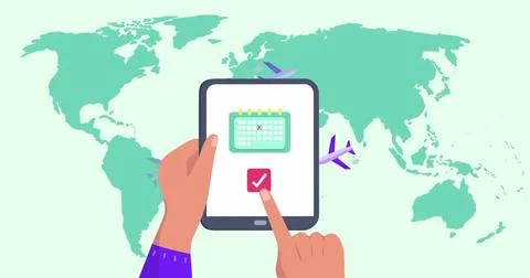 Image of world map over hands using tablet Ilustração Stock