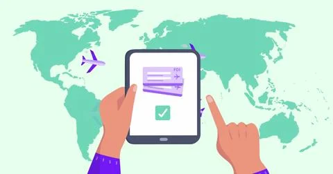 Image of world map over hands using tablet Ilustração Stock