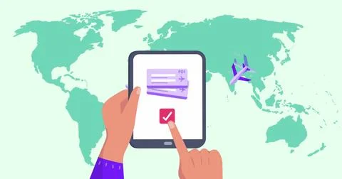 Image of world map over hands using tablet Illustrazione stock
