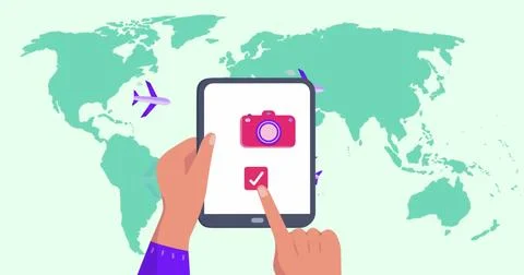 Image of world map over hands using tablet Stock Illustration
