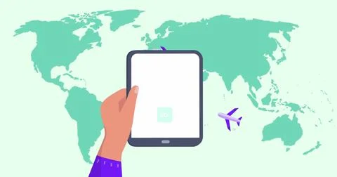 Image of world map over hands using tablet Ilustração Stock