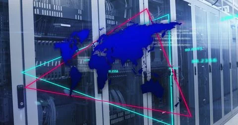 Image of world map over neon triangular shapes against computer server room Stockfoto's