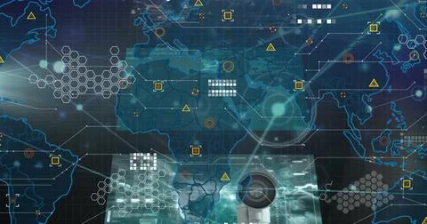 Image of world map over network of connections and data processing Stock Illustration