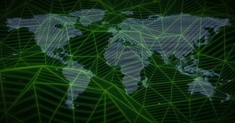 Image of world map over network of connections on black background Stock-Fotos