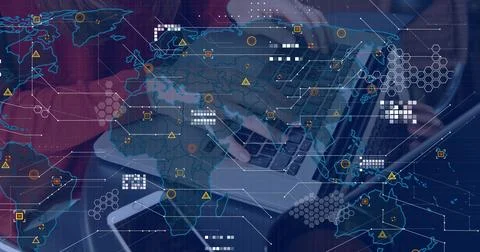 Image of world map over person using laptop Stock Photos