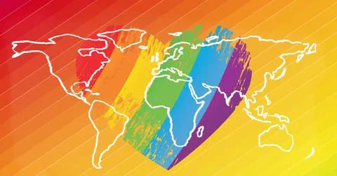 Image of world map over rainbow heart on rainbow background Ilustração Stock