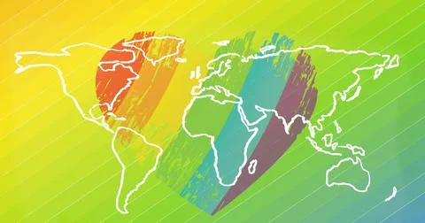 Image of world map over rainbow heart on rainbow background Ilustração Stock