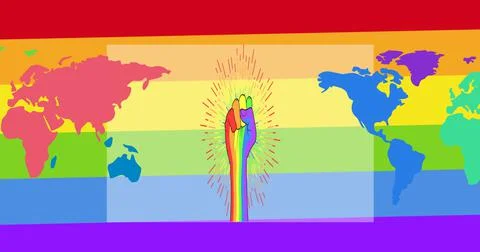 Image of world map over rainbow fist on rainbow background Ilustração Stock