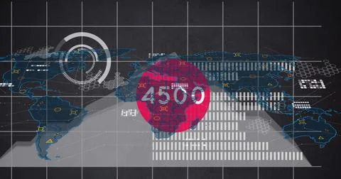 Image of world map over scope scanning and data processing Illustrazione stock