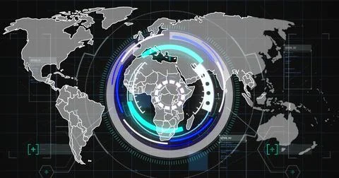 Image of world map over scope scanning and data processing on black background 스톡 사진