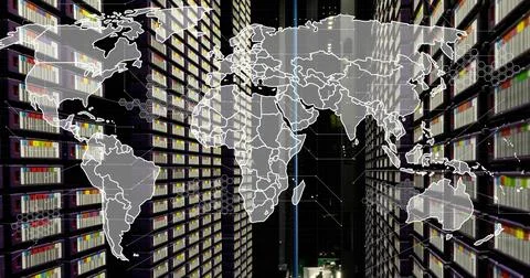Image of world map over server room Stock Photos