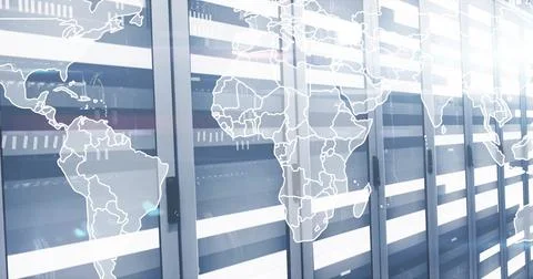 Image of world map over server room Stock Photos