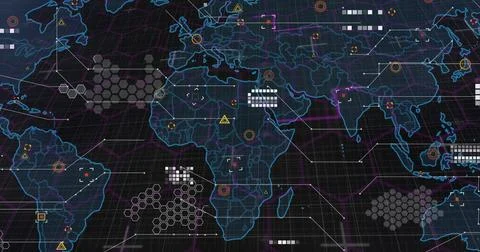 Image of world map over shapes on black background Ilustração Stock