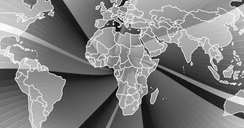 Image of world map over spinning grey stripes background Foto stock