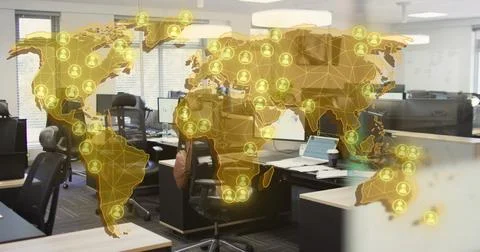 Image of world map with people icons and digital data processing over office Illustrazione stock